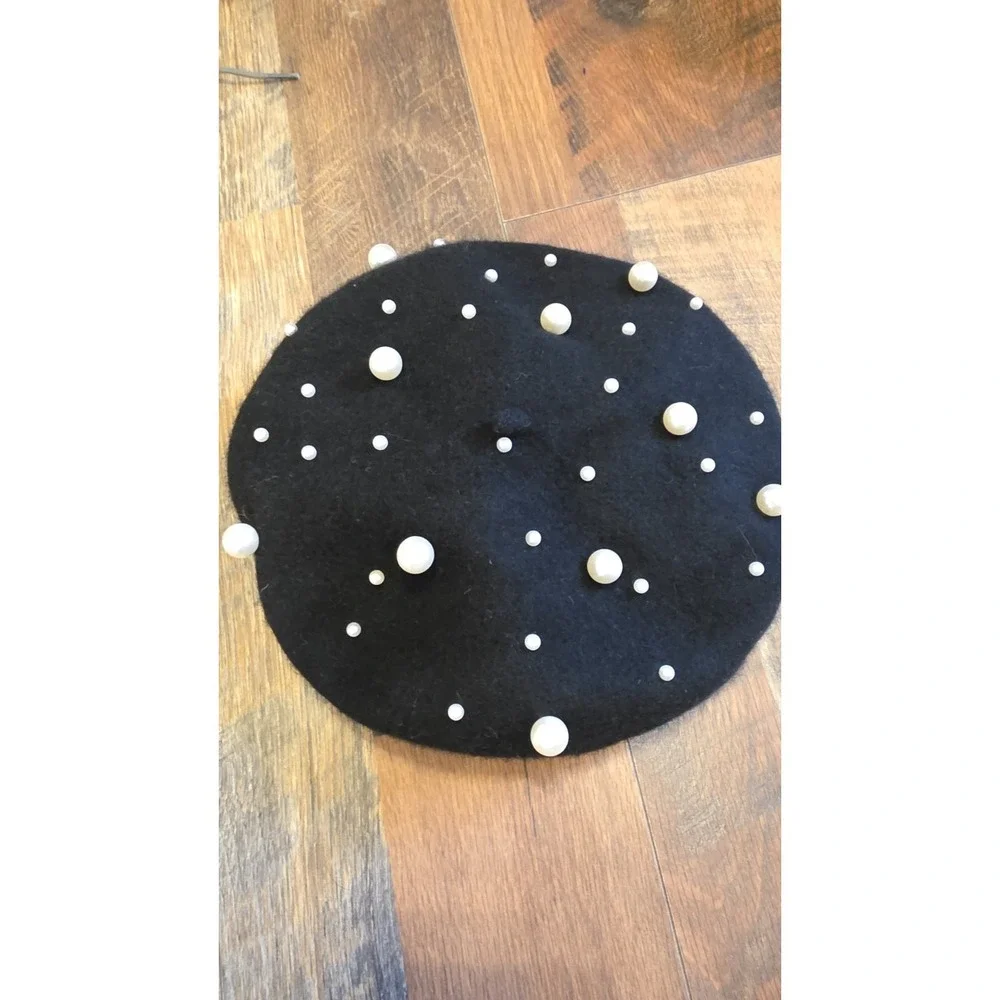 NWT Black Beret Hat Classic Pearl French Faux Wool Artist European